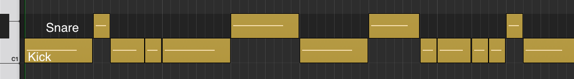Piano roll of lofi beat 6 with a busy kick drum pattern under sparse snares