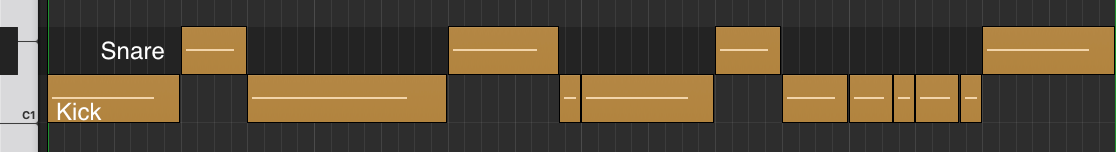 Piano roll of lofi beat 7 showing a swung kick and snare pattern