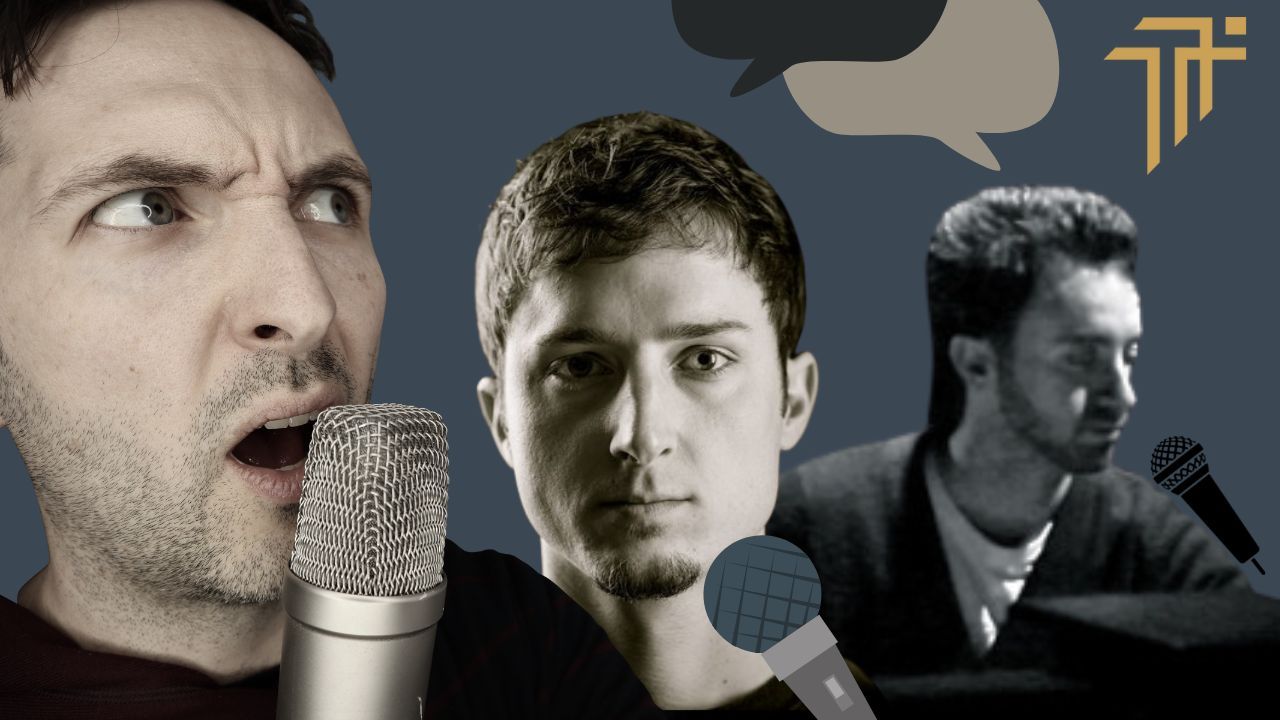 Podcast thumbnail of Richard Pryn at a microphone beside black and white photos of his two guests