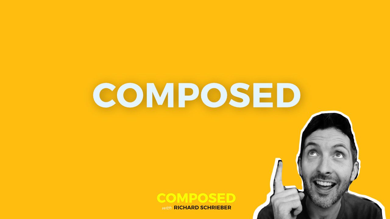 Yellow Composed with Richard Pryn graphic, with Richard Pryn pointing upwards