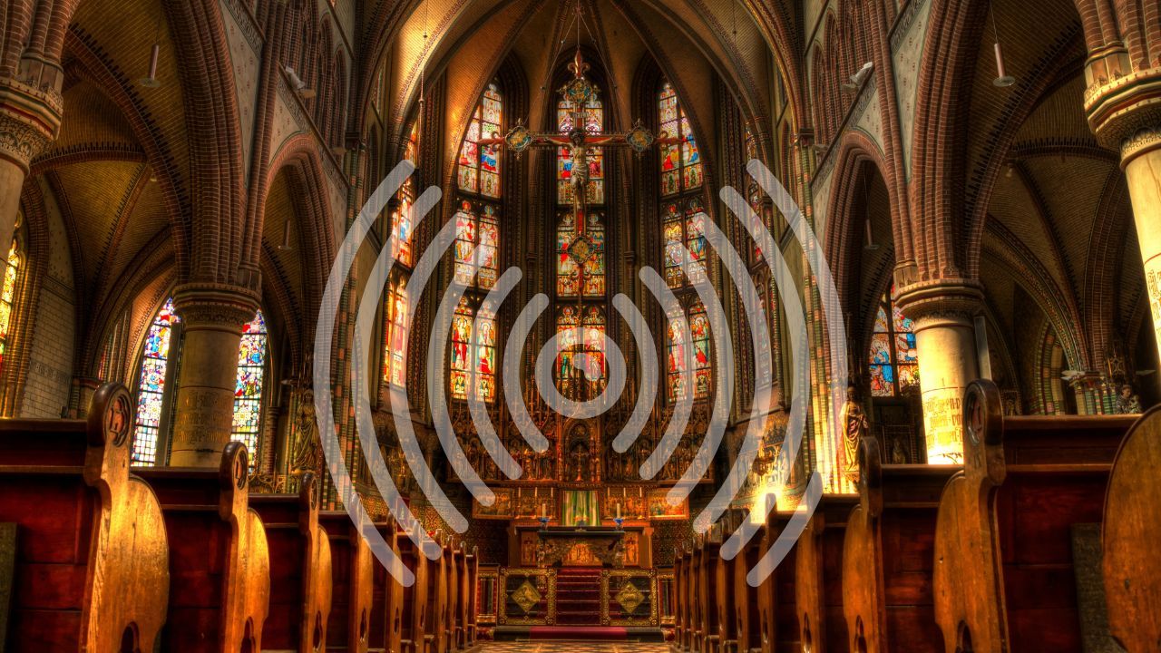 Cathedral interior with stained glass windows and white sound wave rings radiating from the centre