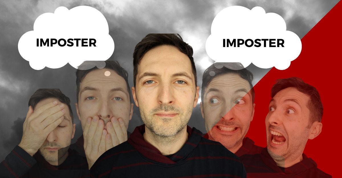 Richard Pryn surrounded by anxious versions of himself under thought bubbles reading Imposter