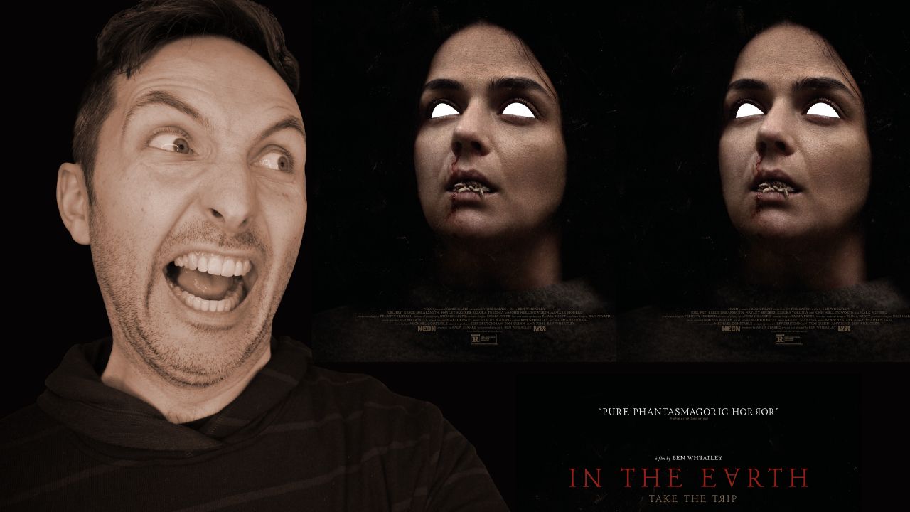 Richard Pryn pulling a horrified face next to the In the Earth film poster