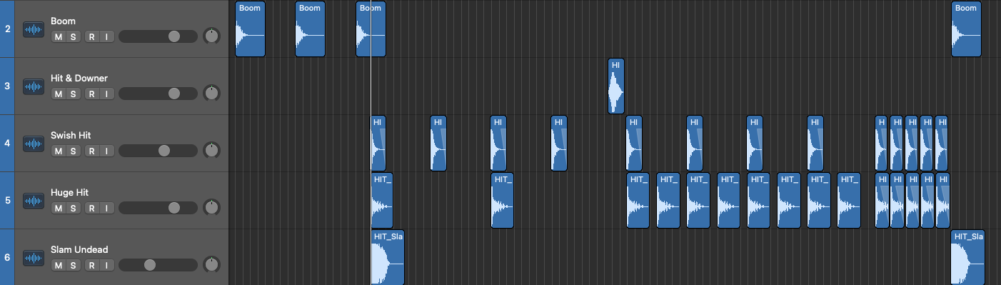 Logic Pro tracks of boom, swish and huge hit one-shots placed to define the acts and stopdowns