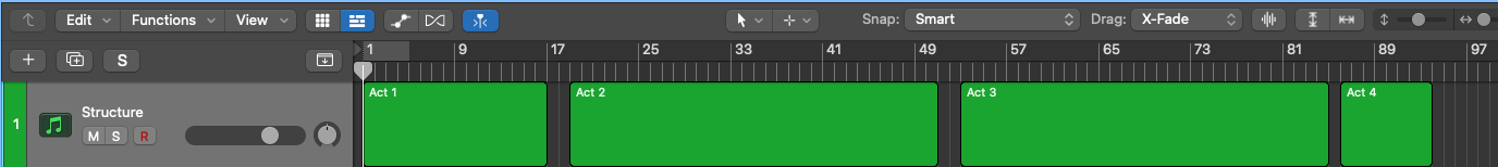 Logic Pro structure track with green regions marking Act 1, Act 2, Act 3 and Act 4