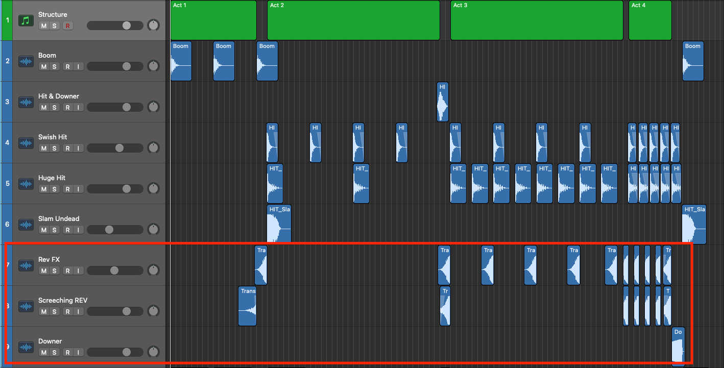 Logic Pro arrangement with reverse FX, screeching reverse and downer transition tracks highlighted in red
