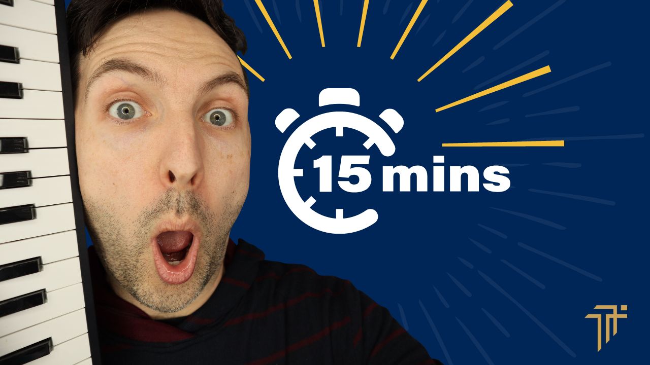Richard Pryn looking amazed beside a keyboard and a stopwatch icon reading 15 mins