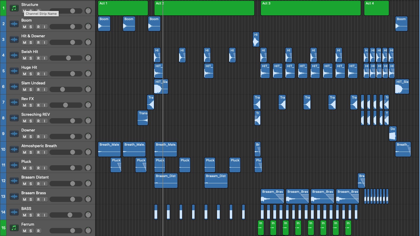 Complete trailer cue sketch in Logic Pro with hits, transitions, breaths, plucks, braaams and bass across four acts