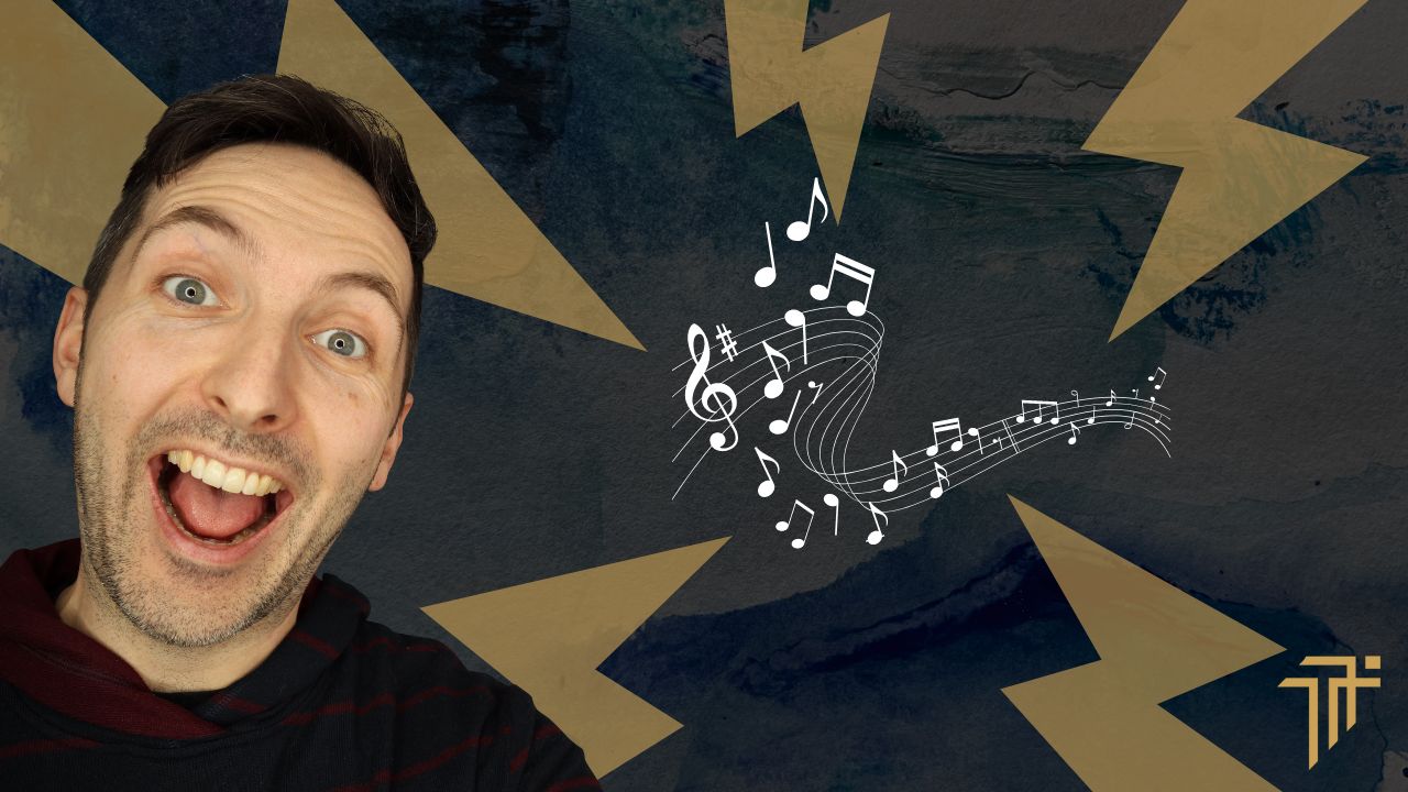 Richard Pryn grinning excitedly beside a swirl of musical notes and gold lightning bolts