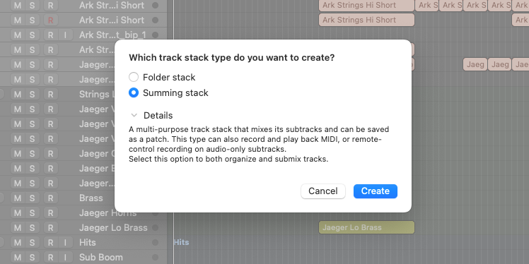 Logic Pro track stack dialogue with Summing stack selected
