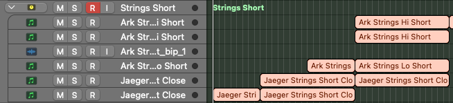 Strings Short track stack with its subtracks grouped beneath it in the Logic Pro arrange window