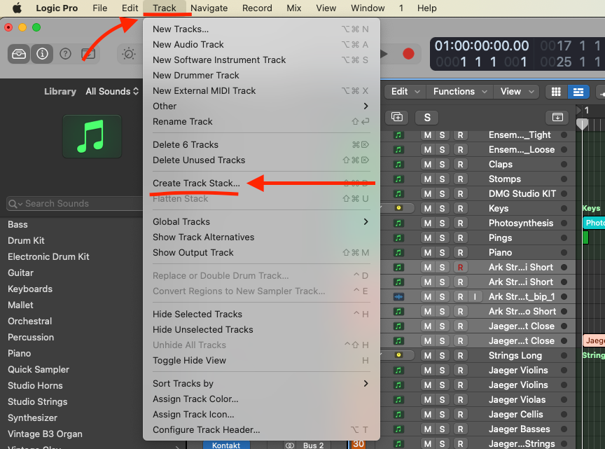 Logic Pro Track menu with Create Track Stack highlighted