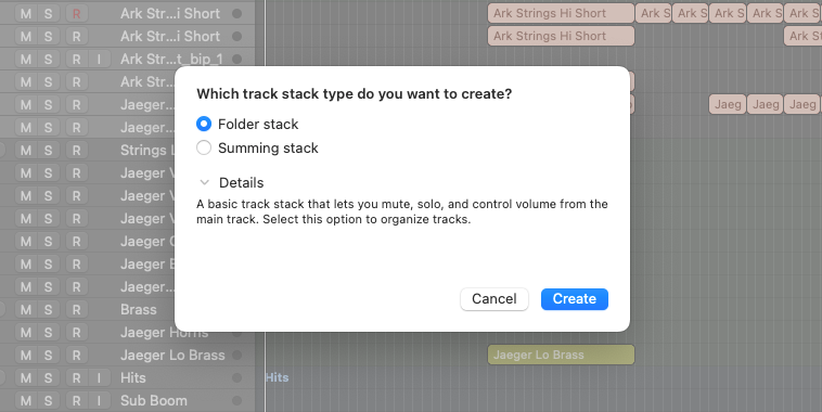 Logic Pro track stack dialogue with Folder stack selected