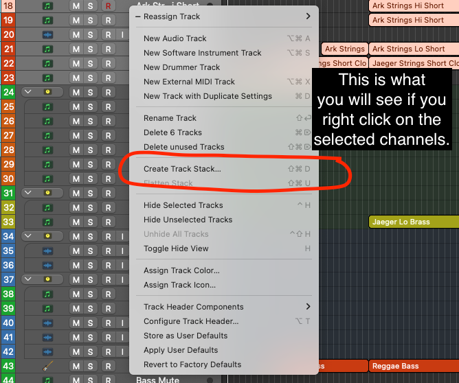 Logic Pro right-click track menu with Create Track Stack circled