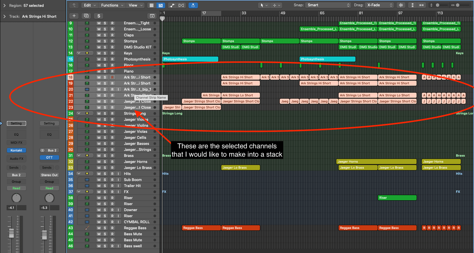 String channels selected in the Logic Pro arrange window, ready to be made into a track stack