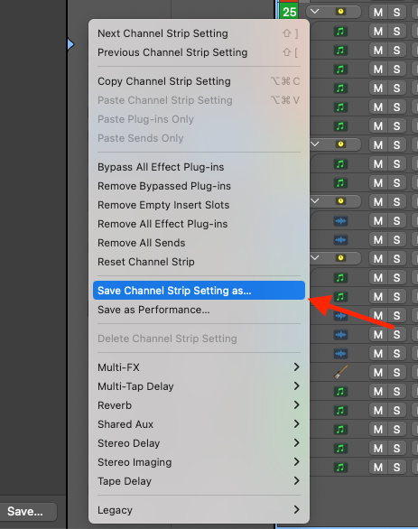 Logic Pro channel strip Setting menu with Save Channel Strip Setting as highlighted