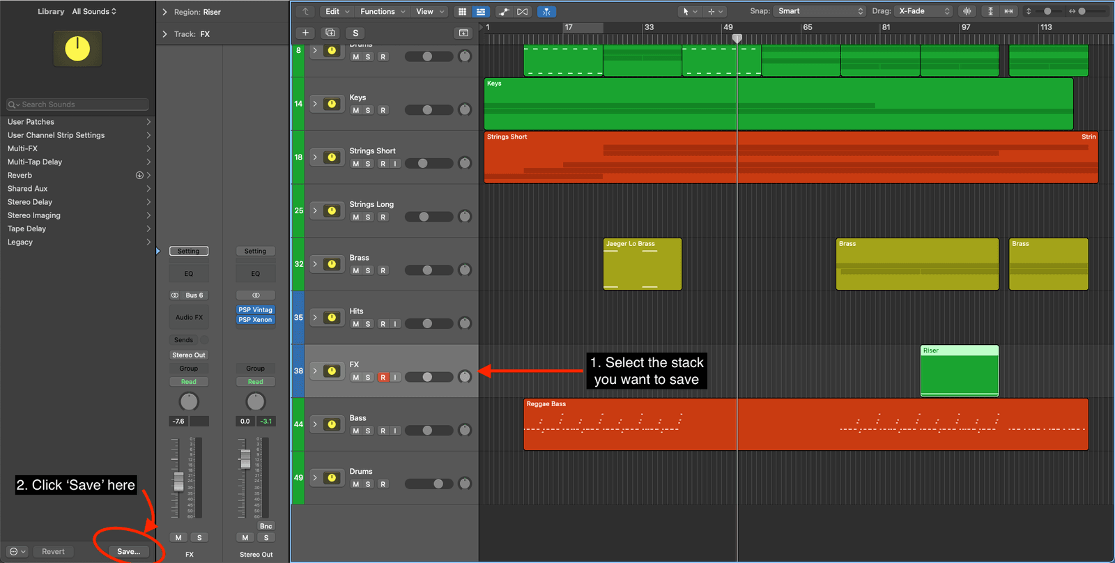 Logic Pro window with a track stack selected and the Save button at the bottom of the Library circled
