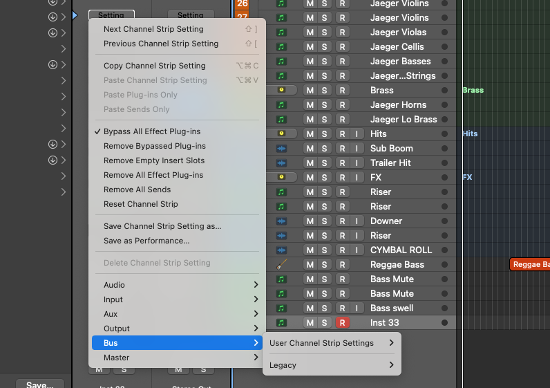 Logic Pro channel strip Setting menu with the Bus submenu showing User Channel Strip Settings