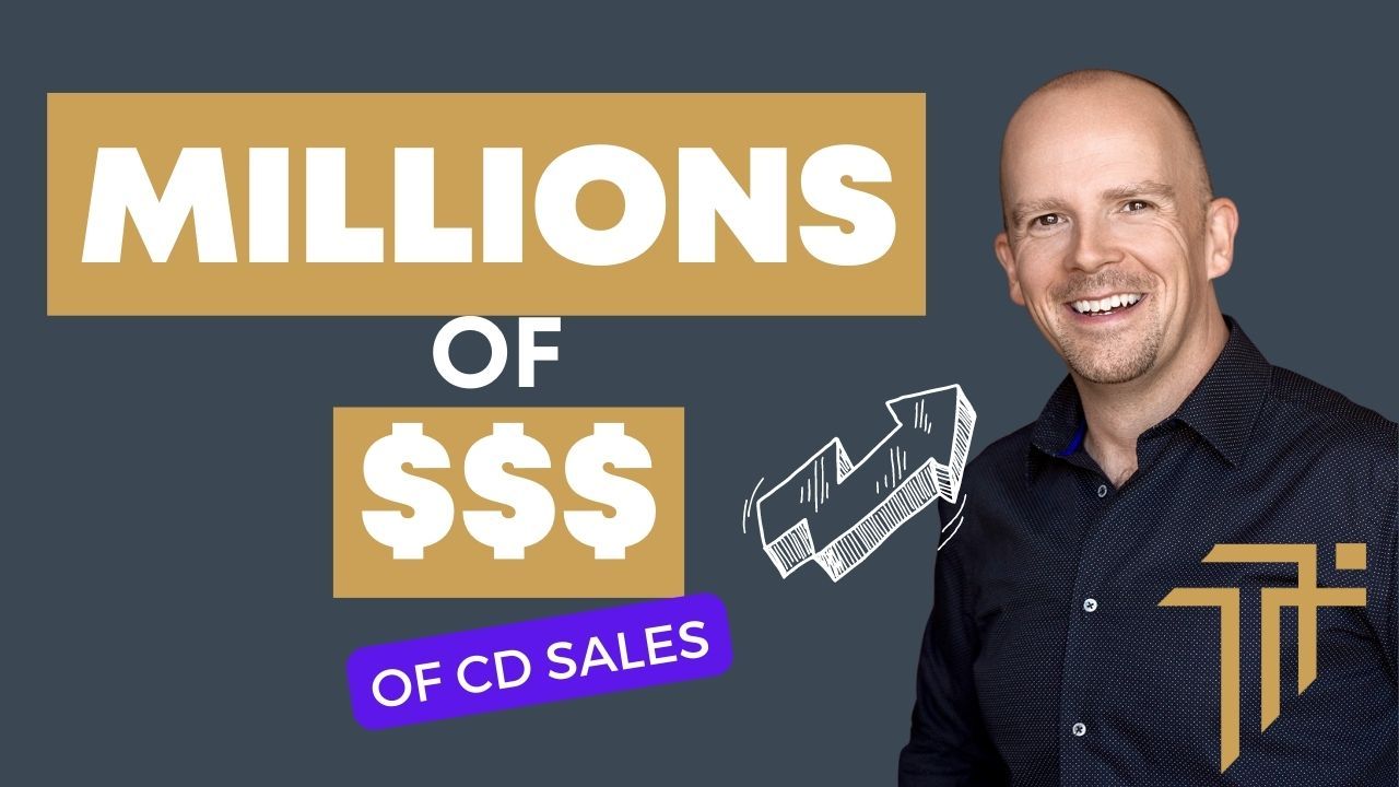 Podcast thumbnail reading Millions of $$$ of CD sales, with a smiling bald man in a black shirt