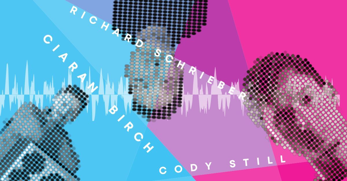 Banter Show artwork with halftone microphones and the names Richard Pryn, Ciaran Birch and Cody Still