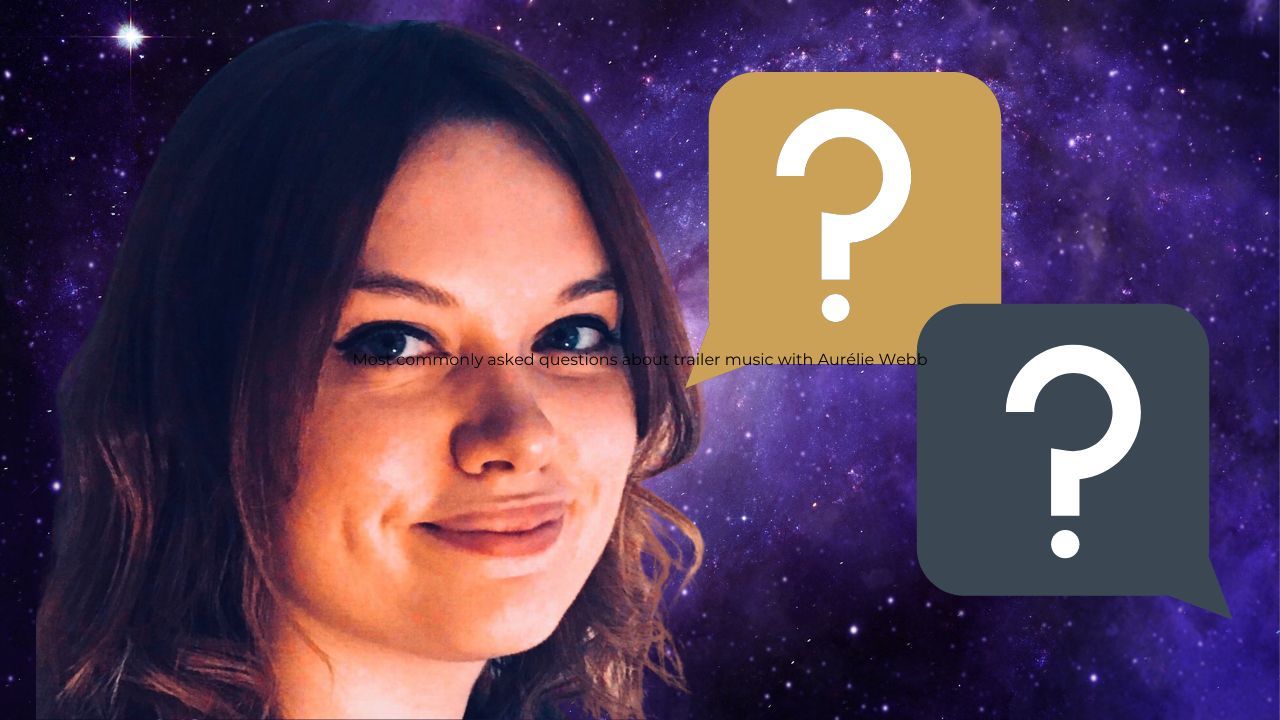 Aurélie Webb against a starry purple background beside two question-mark speech bubbles