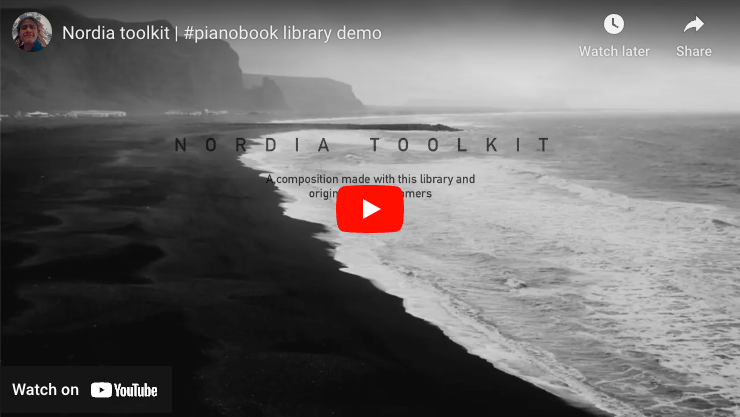Video thumbnail for the Nordia Toolkit Pianobook demo showing a black sand beach