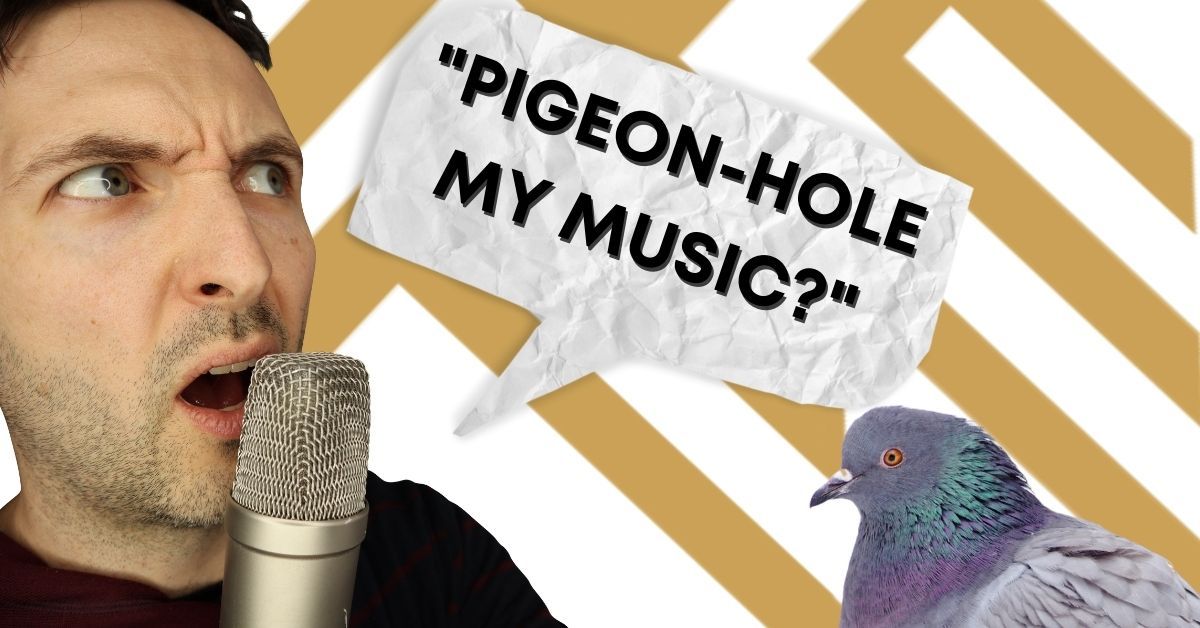 Richard Pryn at a microphone looking sideways at a pigeon, with a speech bubble asking Pigeon-hole my music?