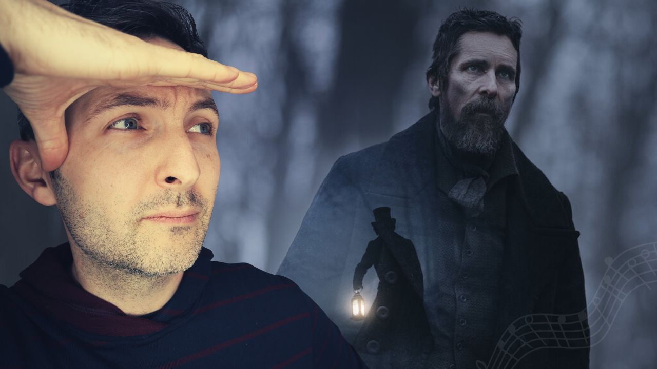 Richard Pryn shielding his eyes beside a still from The Pale Blue Eye of a bearded man in a dark coat
