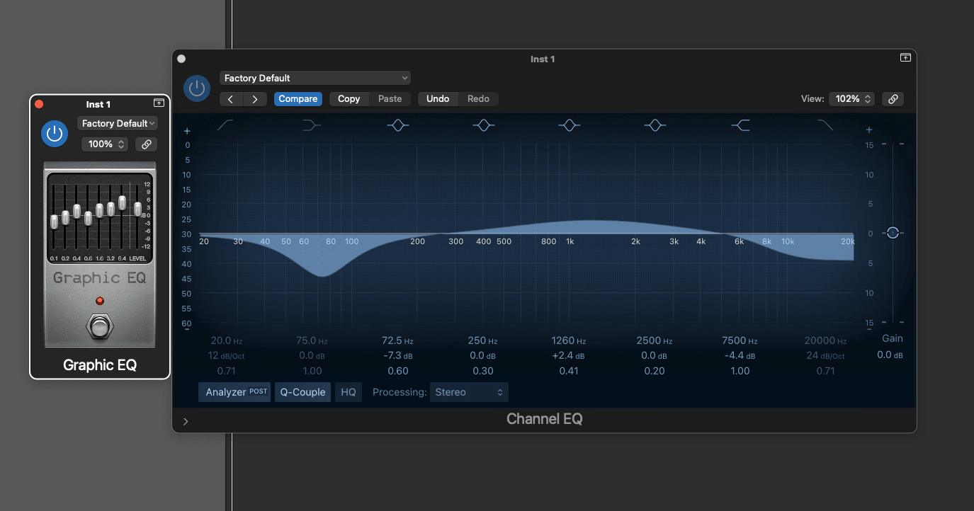 Logic Pro Graphic EQ pedal plugin next to the Channel EQ parametric equaliser