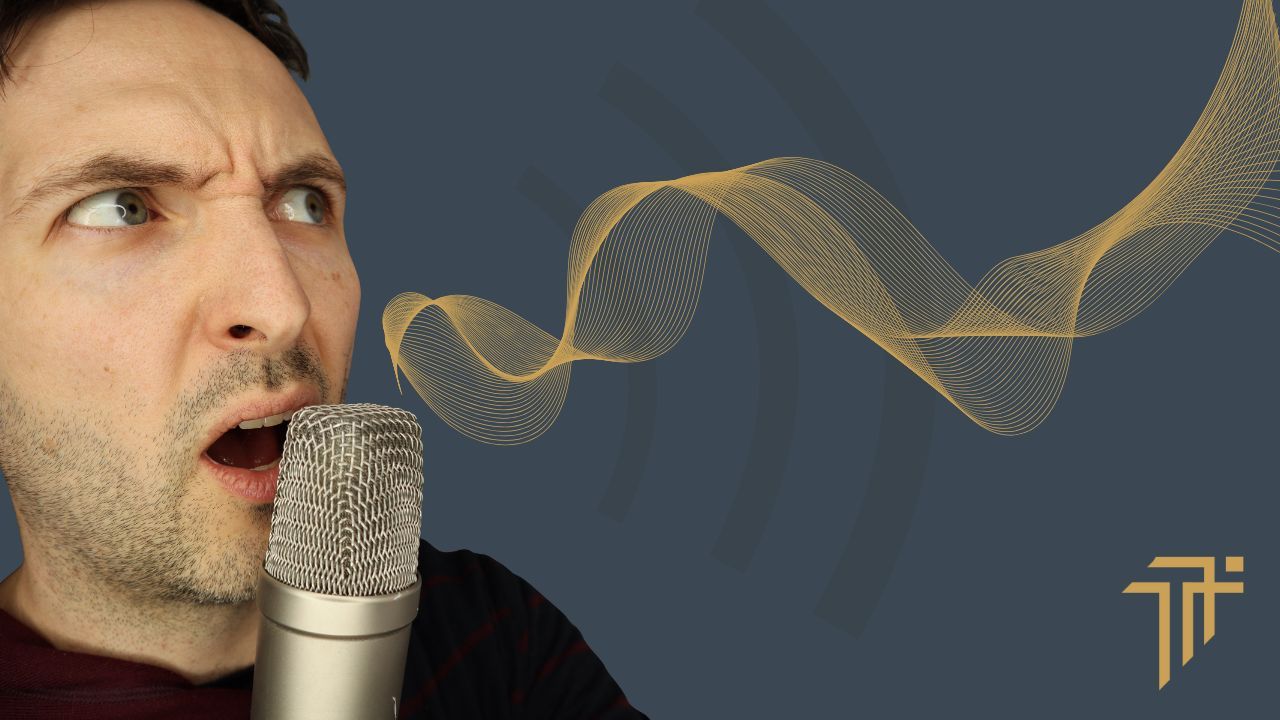 Richard Pryn singing into a studio microphone as a golden sound wave flows from his mouth