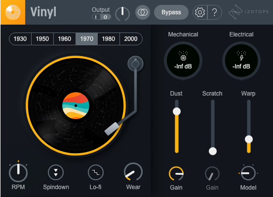 iZotope Vinyl free plugin with a turntable, era selector and dust, scratch and warp sliders