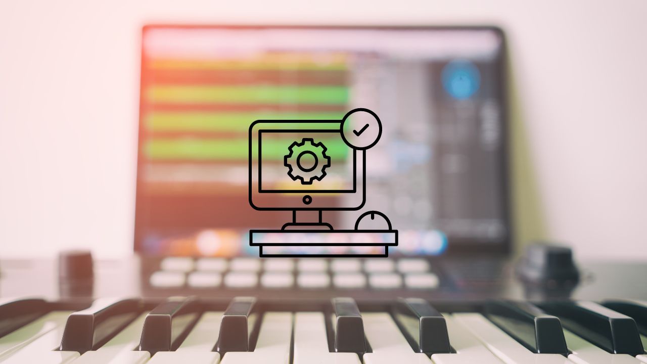 Computer icon over a blurred laptop running a DAW behind a MIDI keyboard