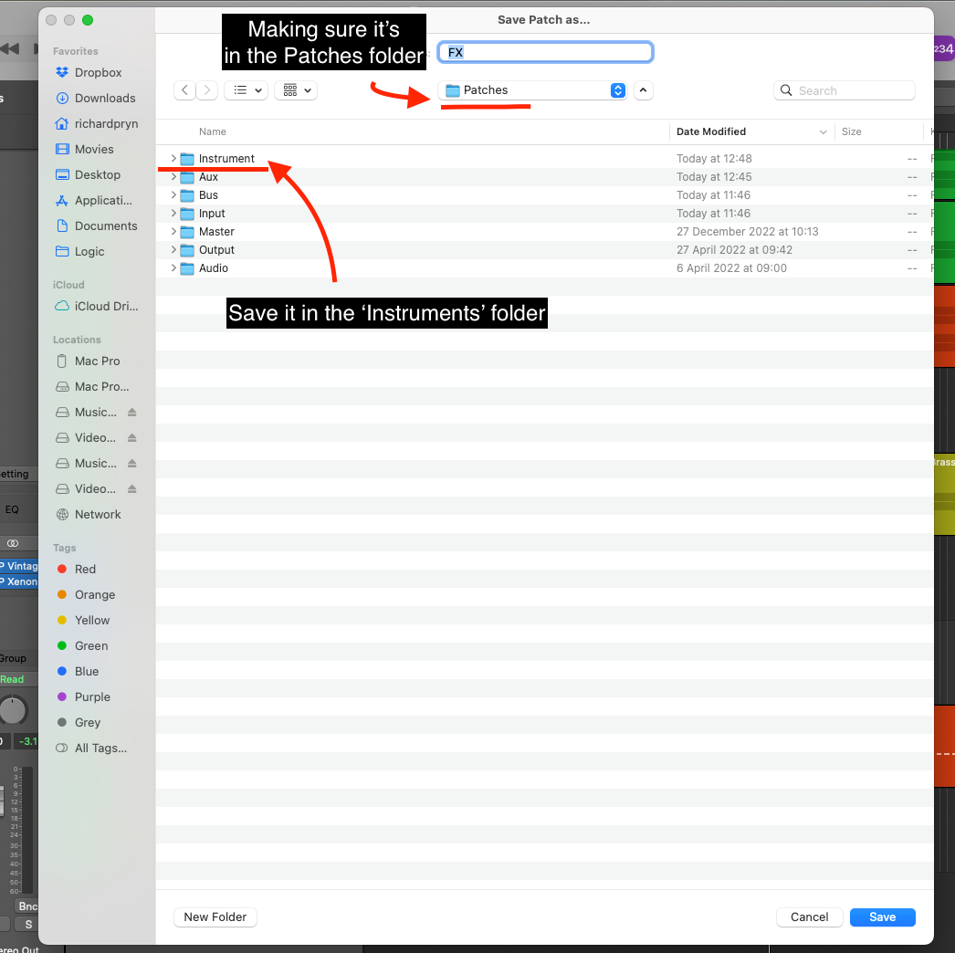 Logic Pro Save Patch dialogue with the Instrument folder inside the Patches folder highlighted