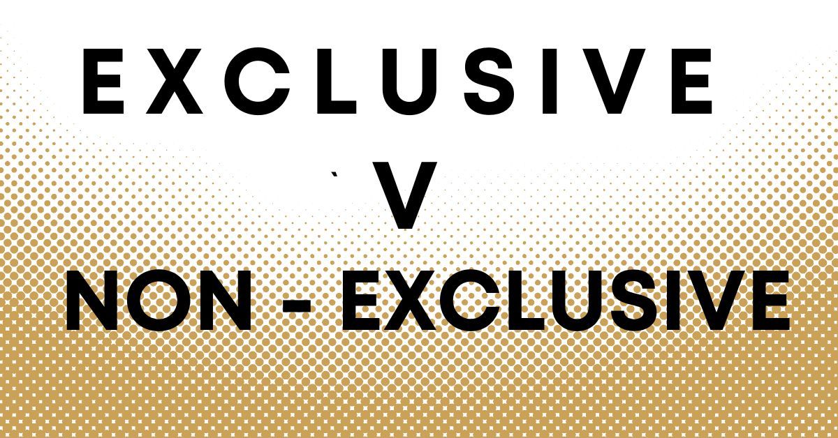 Title graphic reading Exclusive v Non-Exclusive in bold black letters on a gold halftone background