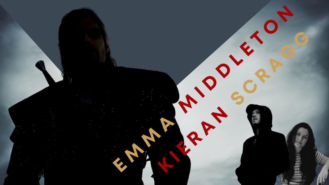 Silhouette of a sword-carrying warrior beside photos of Emma Middleton and Kieran Scragg with their names