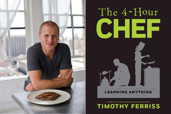 Tim Ferriss at a table with a plate of steak beside the cover of his book The 4-Hour Chef