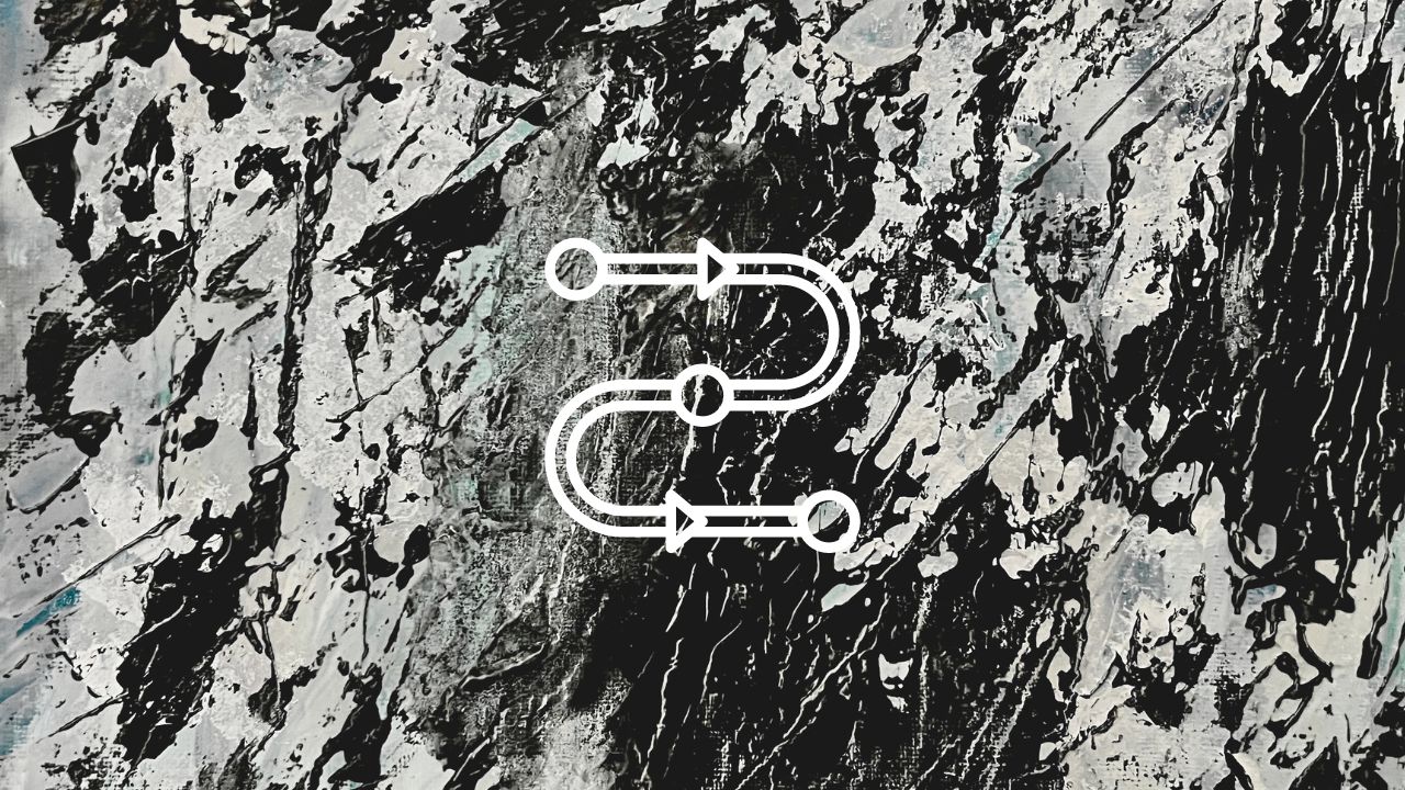 Black and white abstract painted texture with a winding path icon running from start to finish