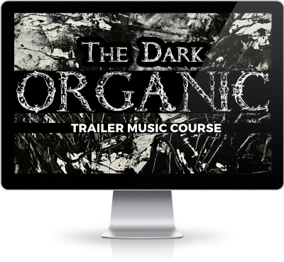Computer monitor displaying The Dark Organic Trailer Music Course title artwork