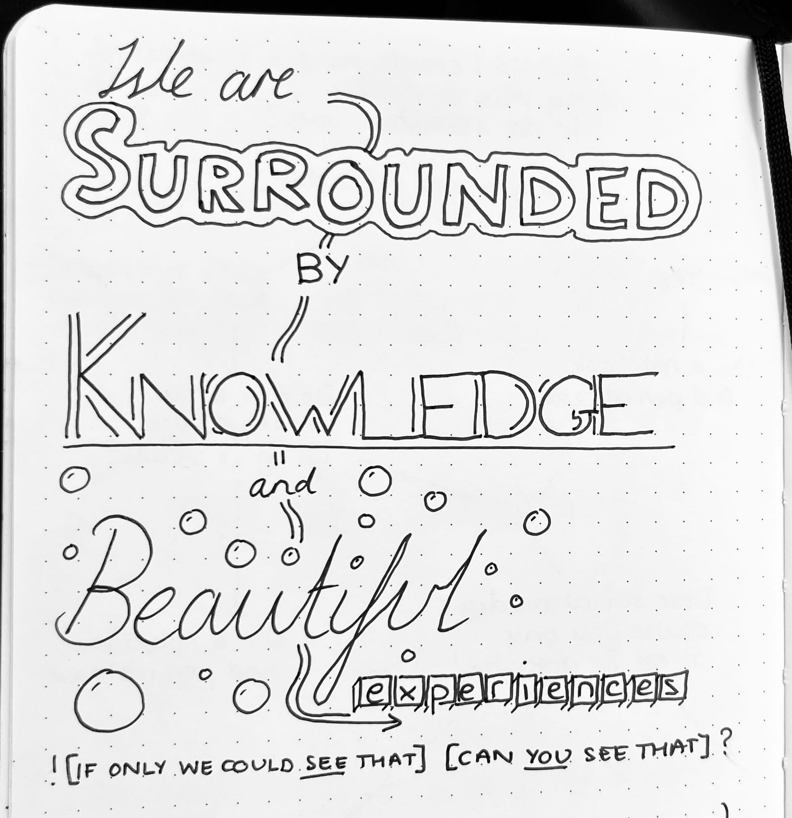 Hand-lettered journal page reading We are surrounded by knowledge and beautiful experiences