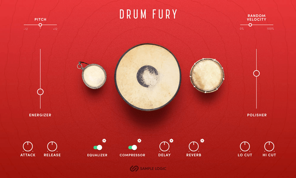 Sample Logic Drum Fury interface with three hand drums on a red background