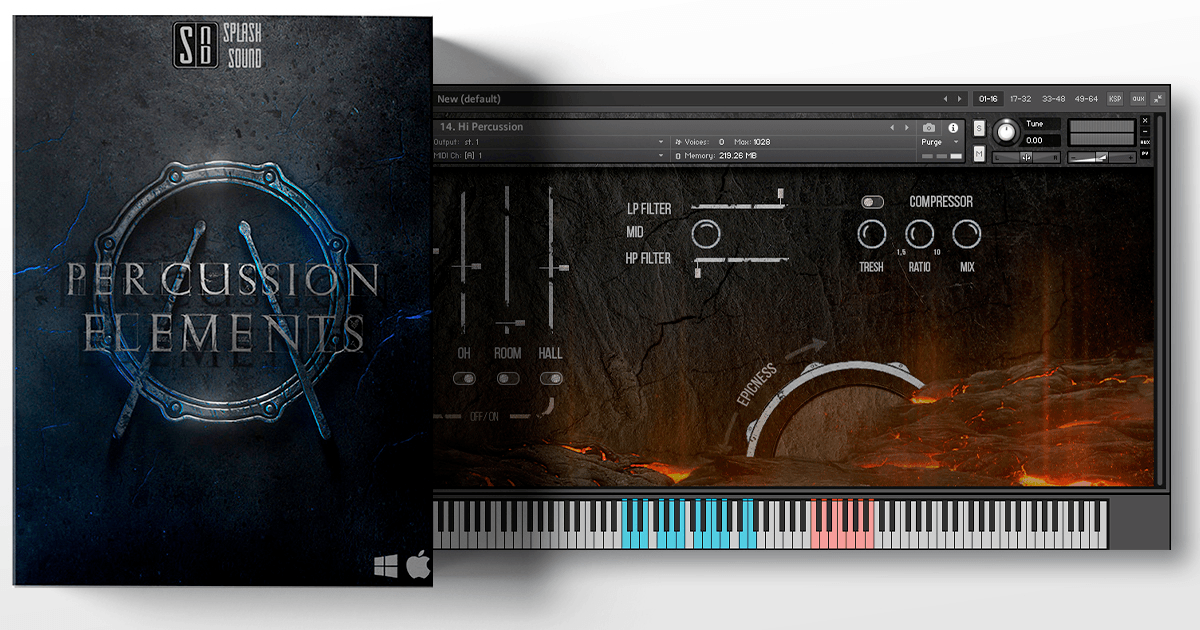 Splash Sound Percussion Elements box art and Kontakt drum kit interface