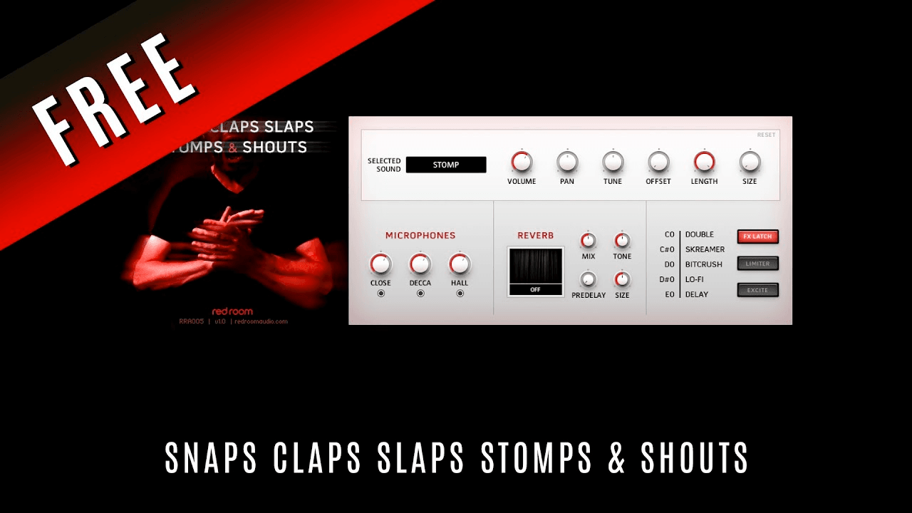 Red Room Audio Snaps Claps Slaps Stomps and Shouts interface with a free banner
