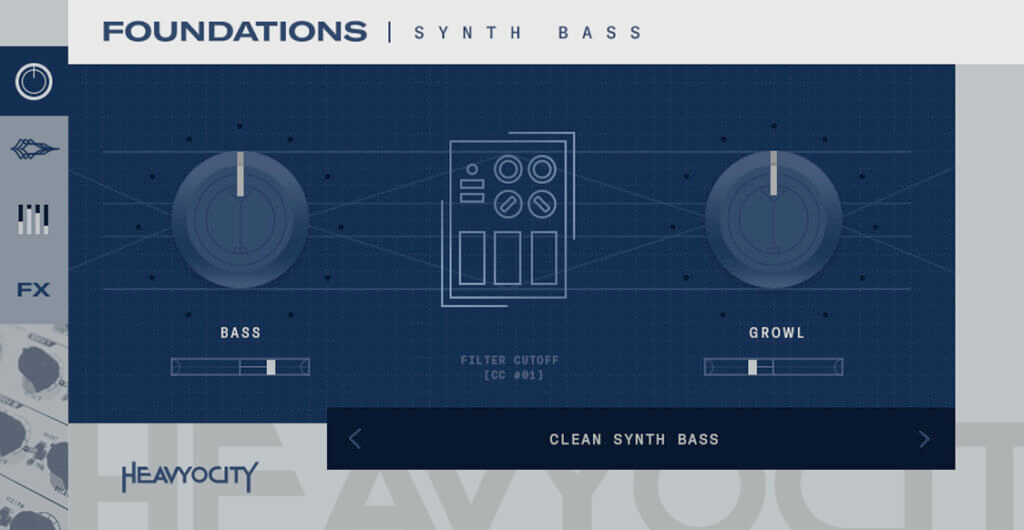 Heavyocity Foundations Synth Bass interface with Bass and Growl controls