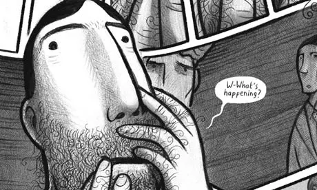 Black and white comic panel from The Gigantic Beard That Was Evil showing a man touching his growing beard