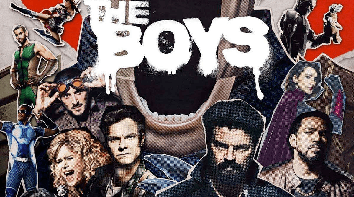 Promotional collage for Amazon Prime's The Boys showing the main cast around the show's dripping title