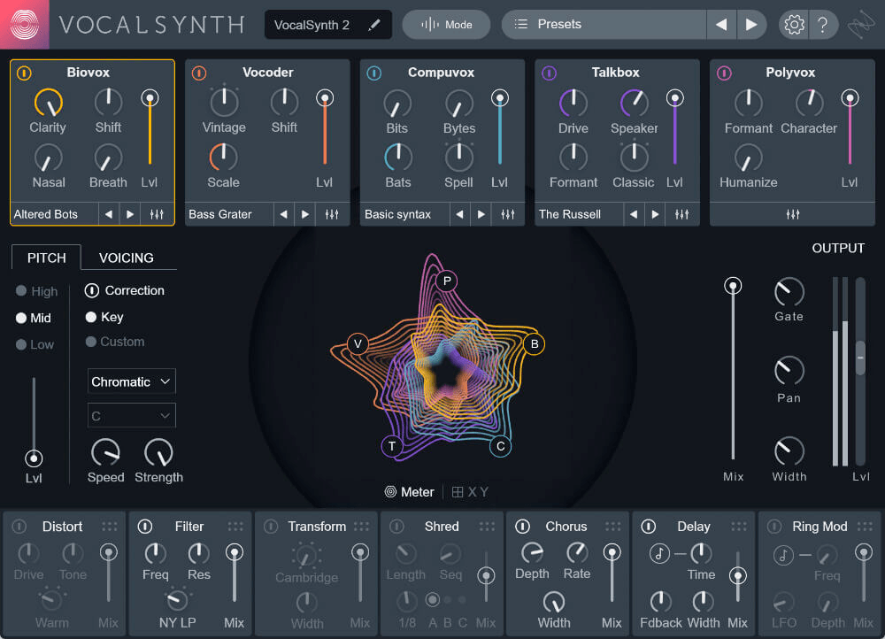 iZotope VocalSynth 2 plugin interface showing the Biovox, Vocoder, Compuvox, Talkbox and Polyvox modules