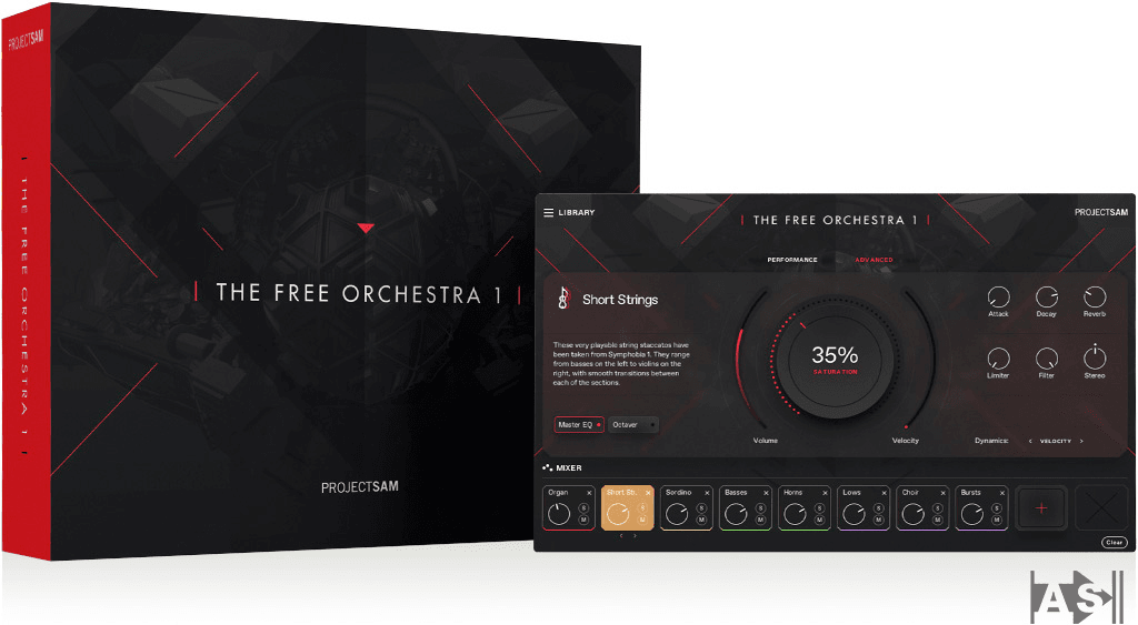 ProjectSAM The Free Orchestra box and plugin interface showing the Short Strings patch