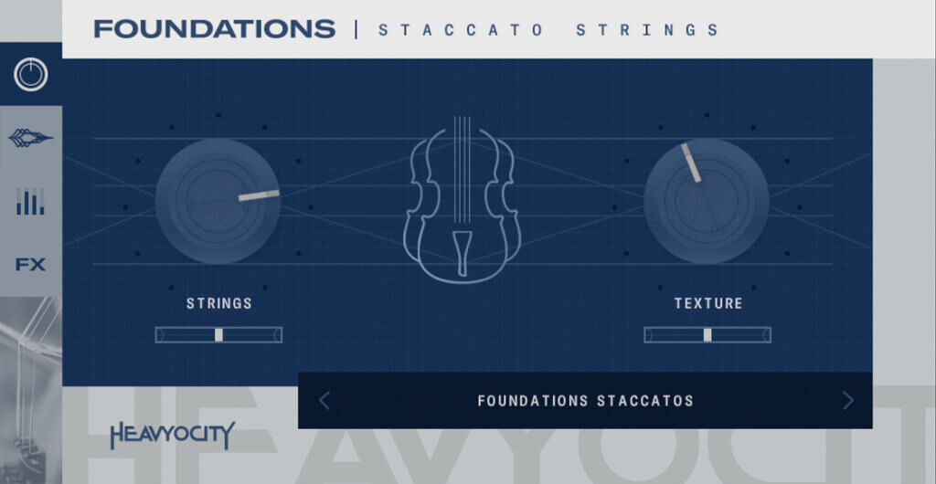 Heavyocity Foundations Staccato Strings interface with Strings and Texture controls