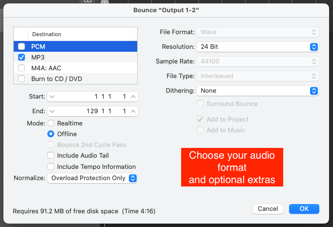 Logic Pro Bounce Output 1-2 window showing destination formats, audio tail and normalise options