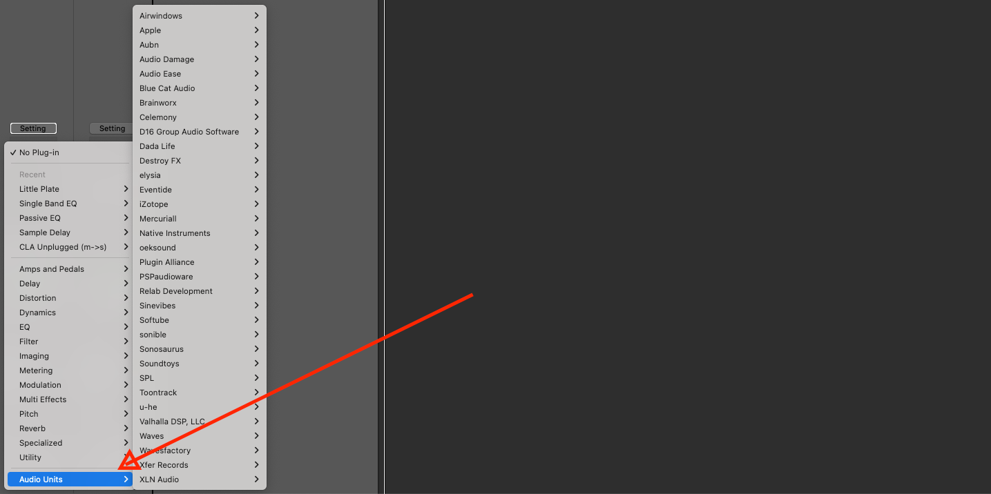 Logic Pro X Audio FX menu with Audio Units highlighted and a list of plugin makers